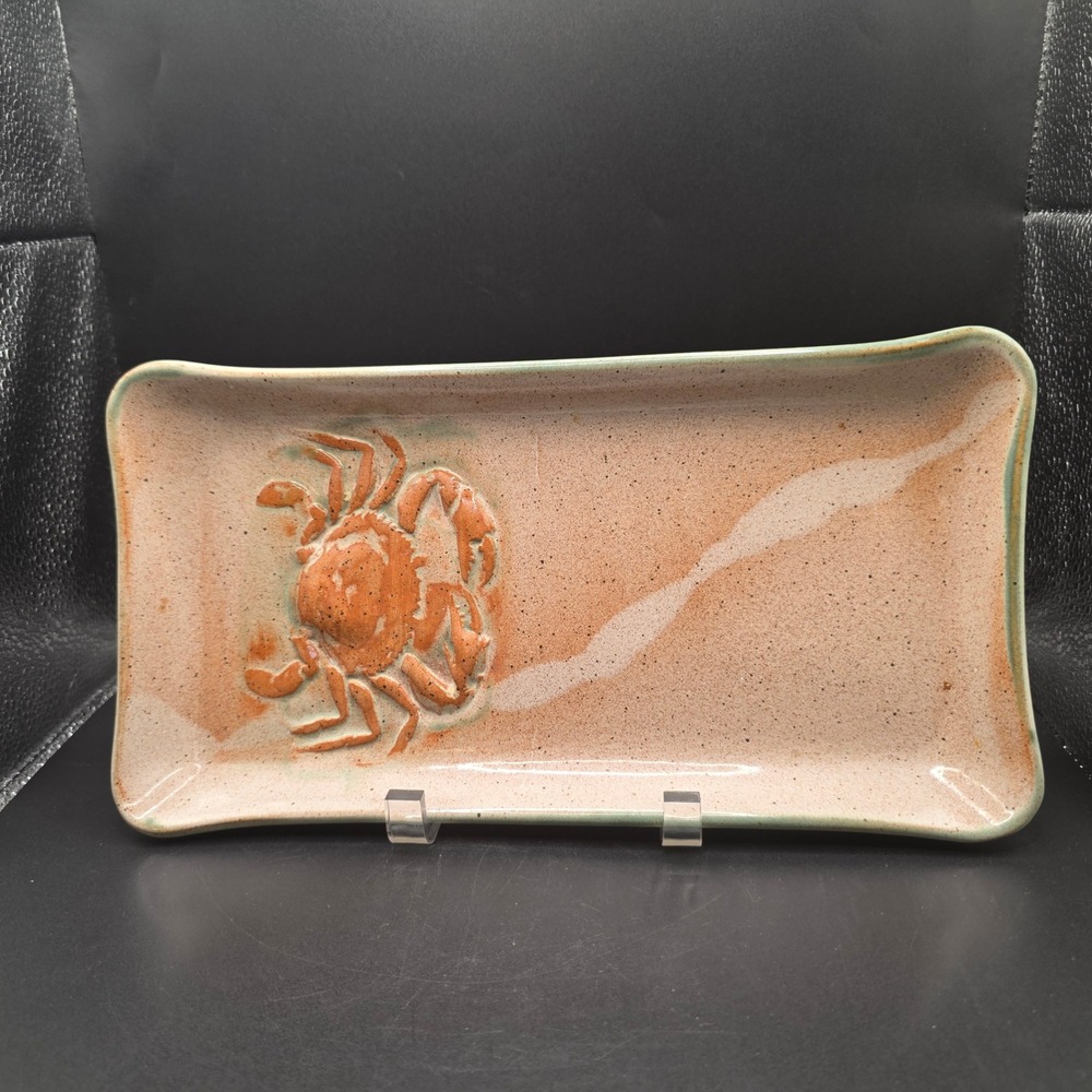 Hugh Wayne Signed Studio Pottery Crab Tray Rectangular Coastal Stoneware Platter